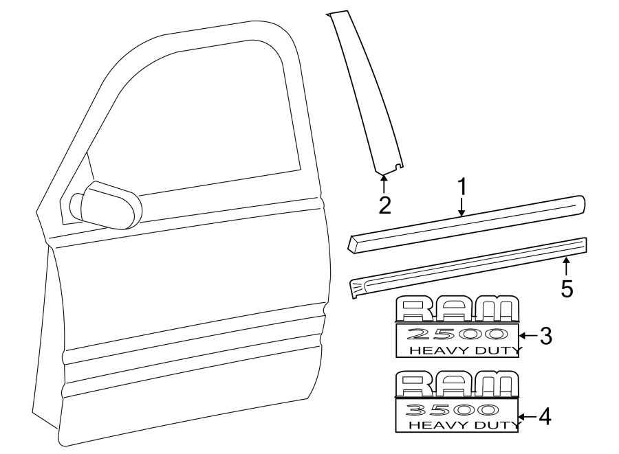 Diagram FRONT DOOR. EXTERIOR TRIM. for your Ram 2500  