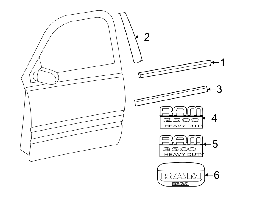 Diagram FRONT DOOR. EXTERIOR TRIM. for your 2014 Ram 2500 6.4L HEMI V8 A/T 4WD Laramie Limited Extended Crew Cab Pickup Fleetside 