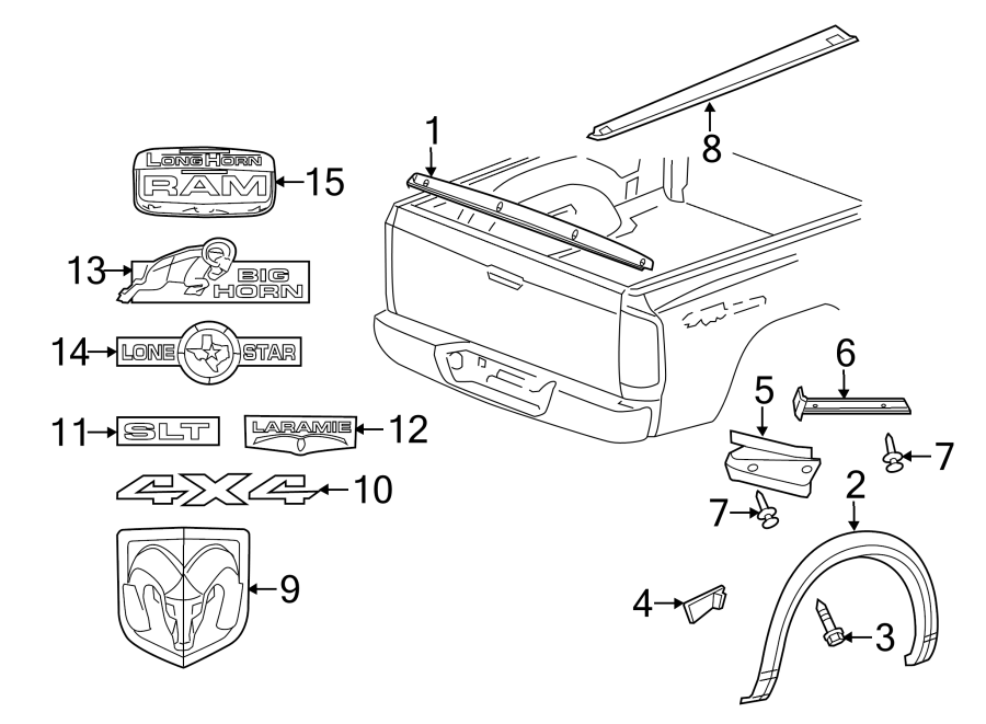 Diagram PICK UP BOX. EXTERIOR TRIM. for your 2016 Ram 2500 6.7L 6 cylinder DIESEL M/T RWD Tradesman Crew Cab Pickup Fleetside 