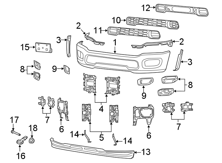 Diagram FRONT BUMPER. BUMPER & COMPONENTS. for your 2023 Ram 2500 6.7L 6 cylinder DIESEL A/T RWD Lone Star Crew Cab Pickup Fleetside 