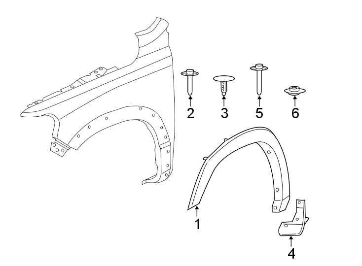 Diagram FENDER. EXTERIOR TRIM. for your 2023 Ram 2500 6.7L 6 cylinder DIESEL A/T RWD Lone Star Crew Cab Pickup Fleetside 