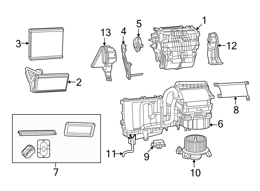 13Air conditioner & heater. Evaporator & heater components.https://images.simplepart.com/images/parts/motor/fullsize/TK09100.png