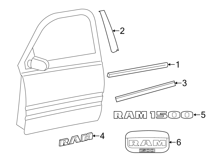 Diagram FRONT DOOR. EXTERIOR TRIM. for your Ram 1500 Classic  