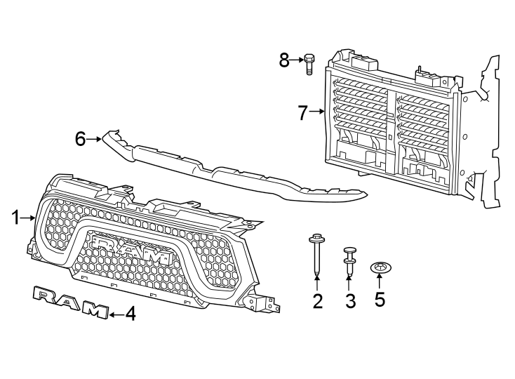 Diagram GRILLE & COMPONENTS. for your 2023 Ram 1500 3.0L EcoDiesel V6 DIESEL A/T RWD Laramie Crew Cab Pickup Fleetside 