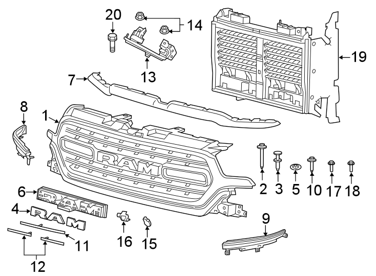 Diagram GRILLE & COMPONENTS. for your 2022 Ram 1500  Limited Crew Cab Pickup Fleetside 