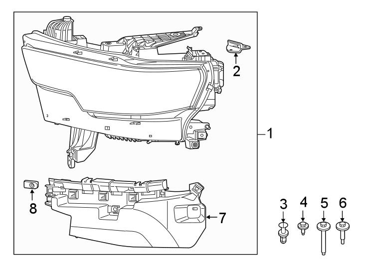 Diagram FRONT LAMPS. HEADLAMP COMPONENTS. for your 2022 Ram 1500  HFE Crew Cab Pickup Fleetside 