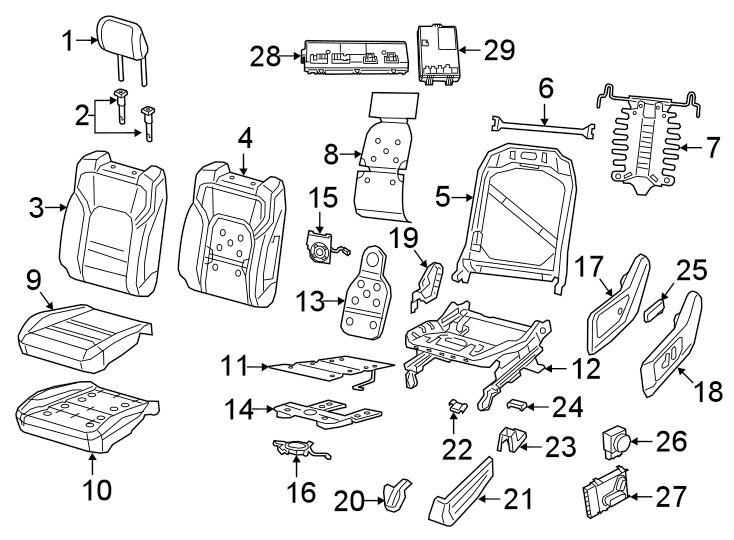 Diagram SEATS & TRACKS. DRIVER SEAT COMPONENTS. for your 2021 Ram 1500 5.7L eTorque V8 MILD HYBRID EV-GAS (MHEV) A/T 4WD Limited Longhorn Crew Cab Pickup Fleetside 