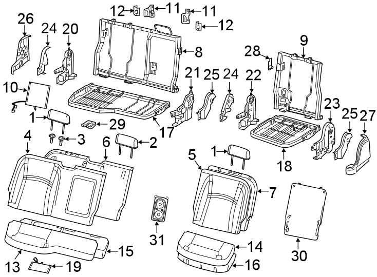 Seats & tracks. Rear seat components.