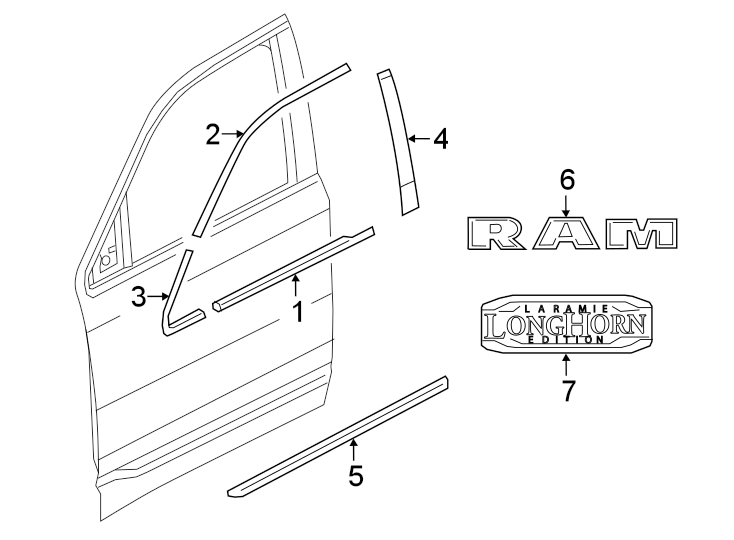 Diagram FRONT DOOR. EXTERIOR TRIM. for your 2023 Ram 1500 3.0L EcoDiesel V6 DIESEL A/T RWD Laramie Crew Cab Pickup Fleetside 