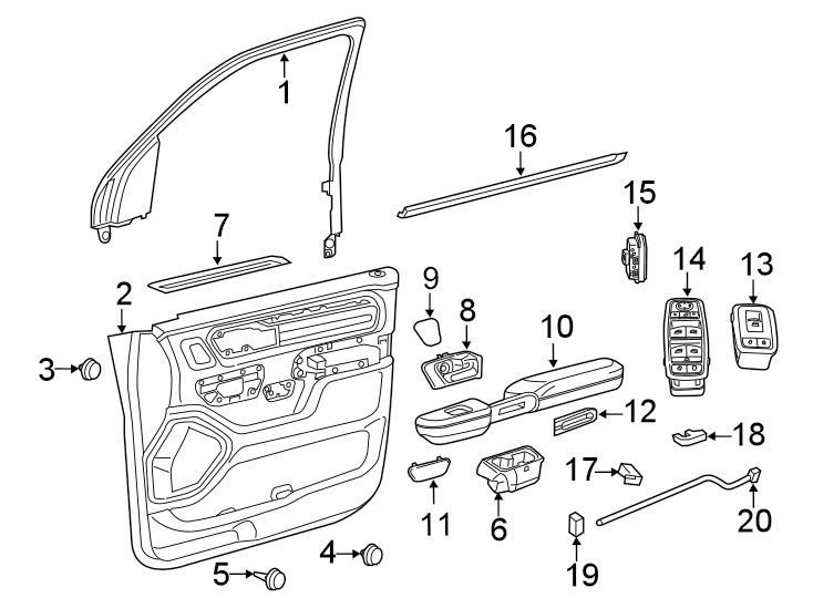 Diagram FRONT DOOR. INTERIOR TRIM. for your 2019 Ram 1500 5.7L HEMI V8 A/T 4WD Laramie Crew Cab Pickup Fleetside 