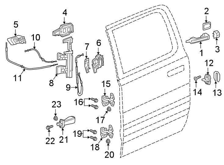 Diagram REAR DOOR. LOCK & HARDWARE. for your 2023 Ram 2500 6.7L 6 cylinder DIESEL A/T RWD Lone Star Crew Cab Pickup Fleetside 