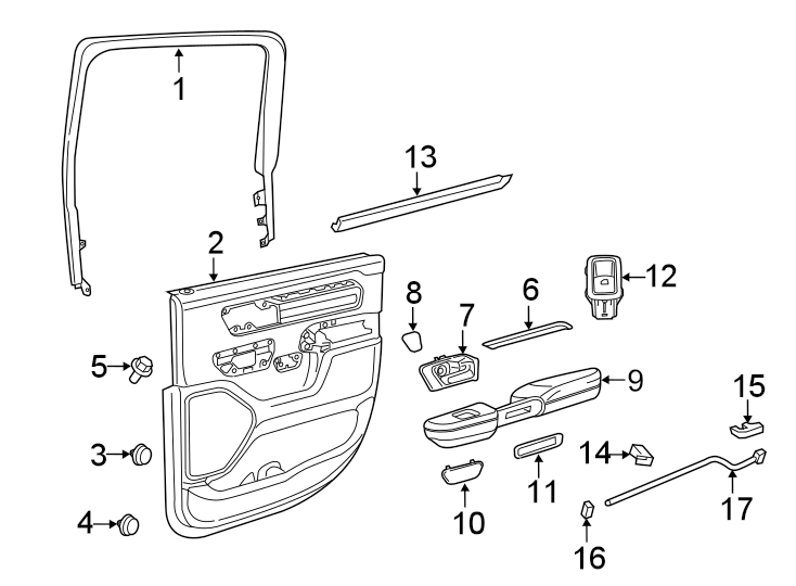 Diagram REAR DOOR. INTERIOR TRIM. for your 2019 Ram 1500 5.7L HEMI V8 A/T 4WD Laramie Crew Cab Pickup Fleetside 