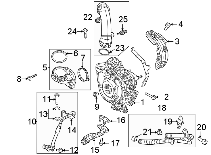 25Turbocharger & components.https://images.simplepart.com/images/parts/motor/fullsize/TM19815.png