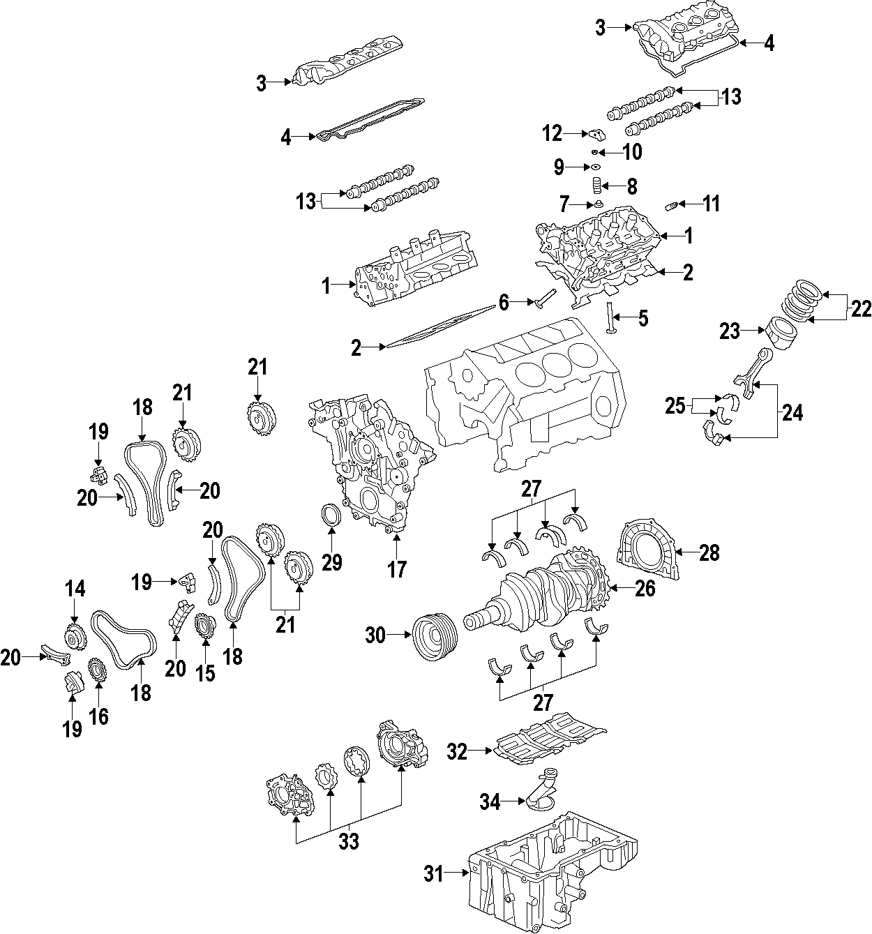 Diagram CAMSHAFT & TIMING. CRANKSHAFT & BEARINGS. CYLINDER HEAD & VALVES. LUBRICATION. MOUNTS. PISTONS. RINGS & BEARINGS. for your 2002 Chevrolet Camaro 5.7L Chevrolet V8 M/T Z28 Coupe 