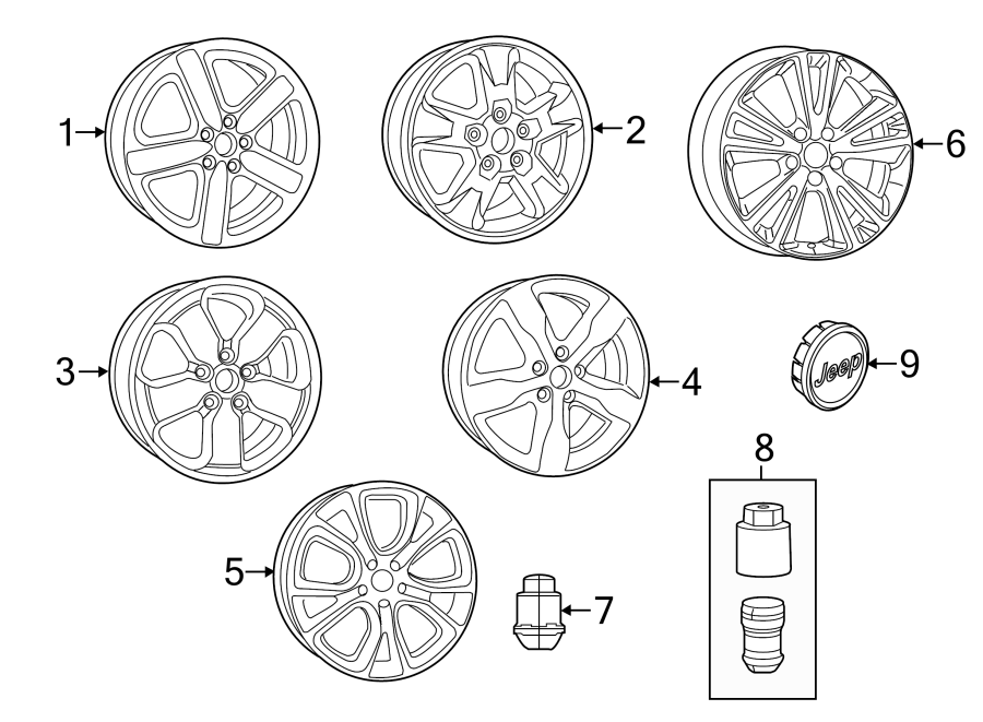 Diagram WHEELS. COVERS & TRIM. for your 2013 Jeep Grand Cherokee 5.7L HEMI V8 A/T AWD Overland Sport Utility 