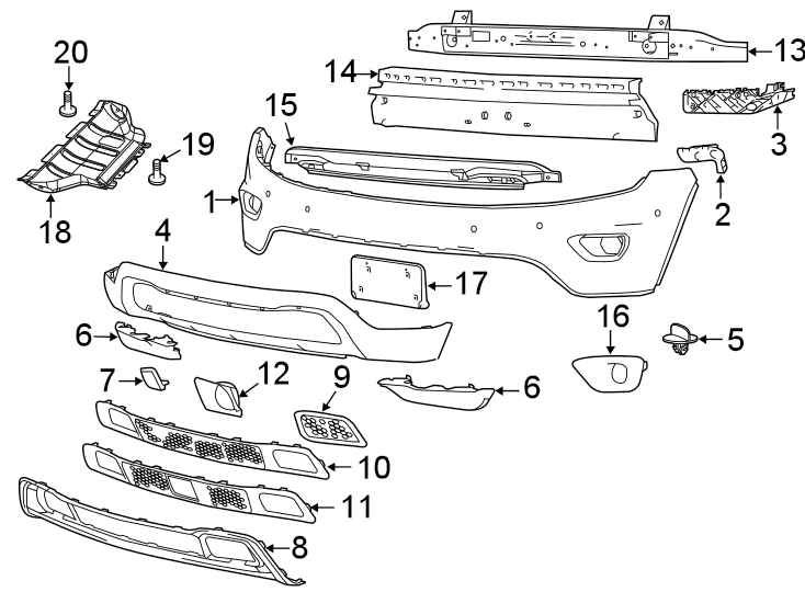 Diagram FRONT BUMPER. BUMPER & COMPONENTS. for your 2018 Jeep Grand Cherokee 5.7L HEMI V8 A/T AWD Trailhawk Sport Utility 