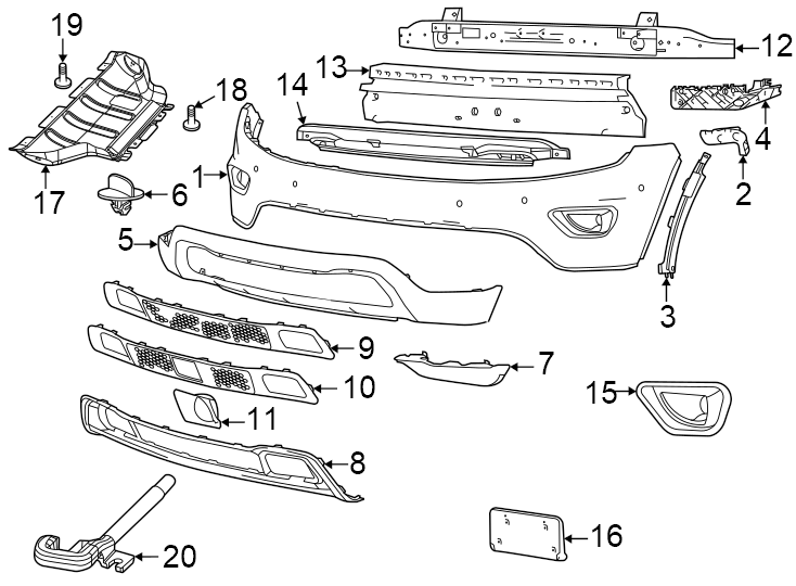 Diagram Front bumper. Bumper & components. for your 2018 Jeep Grand Cherokee 5.7L HEMI V8 A/T AWD Trailhawk Sport Utility 