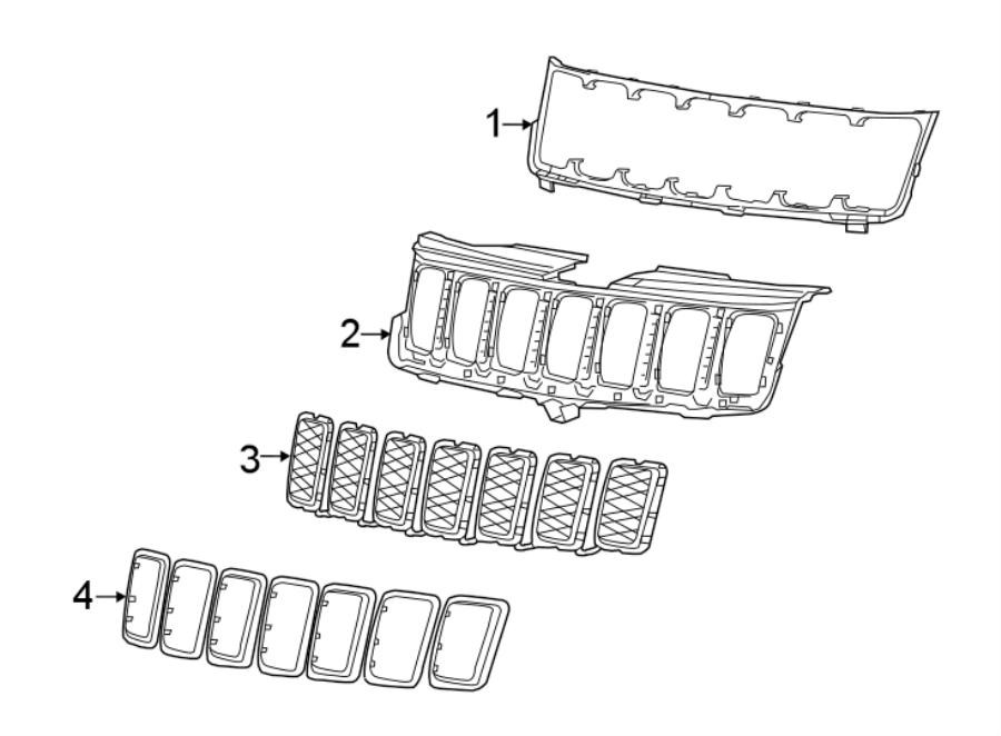 Diagram GRILLE & COMPONENTS. for your 2018 Jeep Grand Cherokee 3.0L EcoDiesel V6 DIESEL A/T AWD Trailhawk Sport Utility 