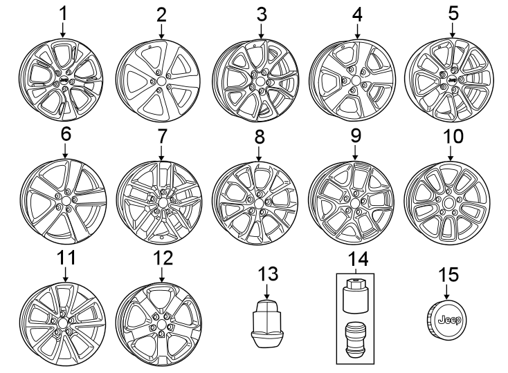 Diagram WHEELS. COVERS & TRIM. for your 2018 Jeep Grand Cherokee 3.0L EcoDiesel V6 DIESEL A/T RWD Limited Sport Utility 