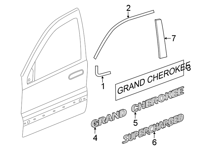 Diagram FRONT DOOR. EXTERIOR TRIM. for your Jeep Grand Cherokee  