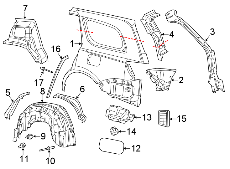 Diagram Rear door. Quarter panel & components. for your 2018 Jeep Grand Cherokee -L - cylinder A/T AWD Trackhawk Sport Utility 