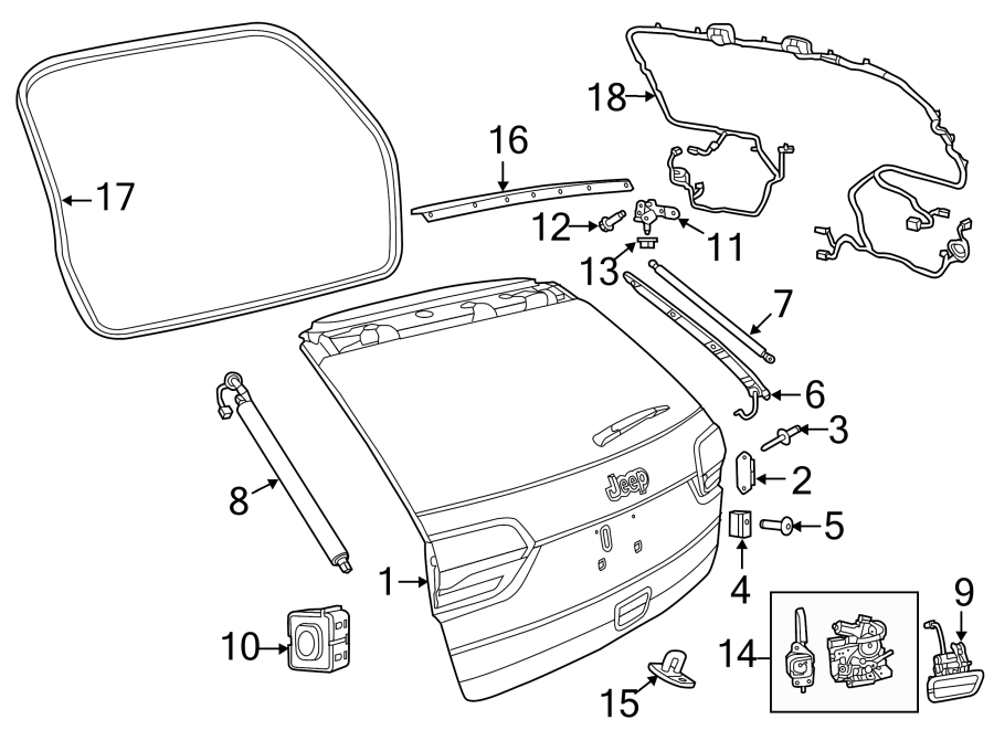 Diagram GATE & HARDWARE. for your 2018 Jeep Grand Cherokee 3.6L Pentastar V6 FLEX A/T AWD Altitude Sport Utility 