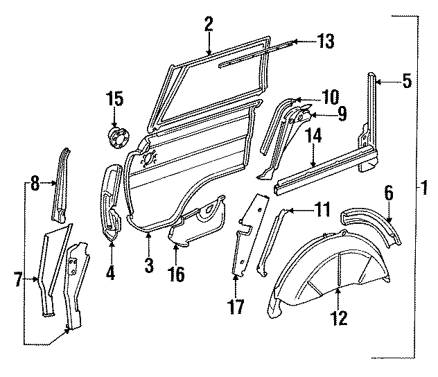 16QUARTER PANEL. INNER STRUCTURE & RAILS. LOCK PILLAR. OUTER COMPONENTS.https://images.simplepart.com/images/parts/motor/fullsize/WA9150.png