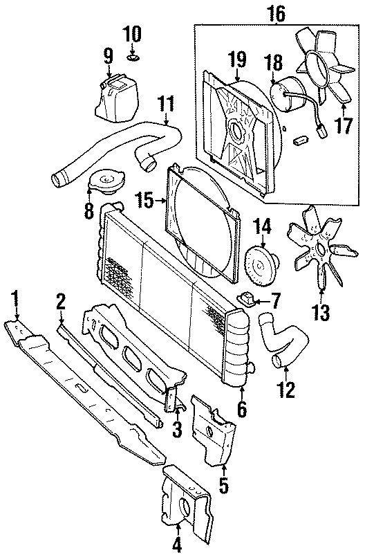 Diagram COOLING FAN. RADIATOR & COMPONENTS. RADIATOR SUPPORT. for your Jeep Cherokee  