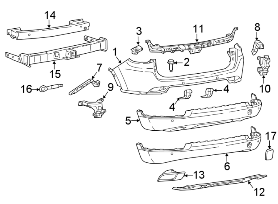 Diagram Rear bumper. Bumper & components. for your 2017 Jeep Compass 2.4L Tigershark A/T AWD Trailhawk Sport Utility 