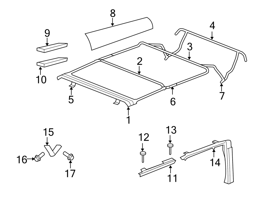 Diagram CONVERTIBLE/SOFT TOP. FRAME & COMPONENTS. for your Jeep Wrangler JK  