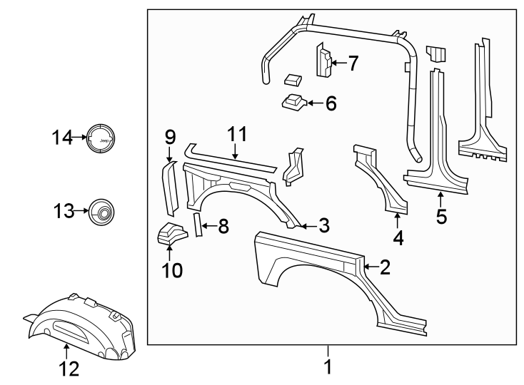 Diagram Quarter panel & components. for your Jeep Wrangler  