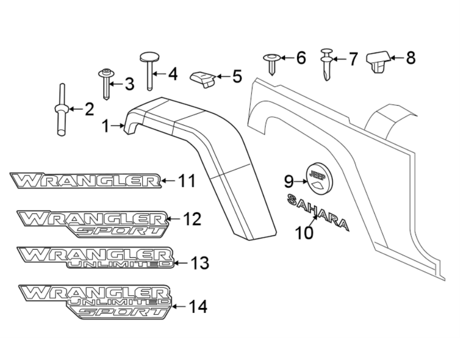 Diagram FENDER. EXTERIOR TRIM. for your Jeep Wrangler  