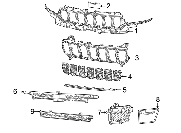 7Front bumper & grille. Grille & components.https://images.simplepart.com/images/parts/motor/fullsize/WL21025.png