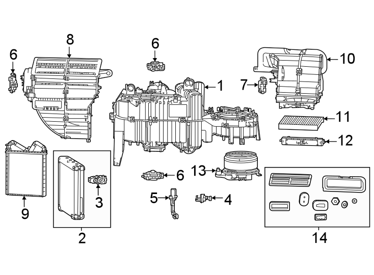 Diagram Air conditioner & heater. Evaporator & heater components. for your 2018 Jeep Wrangler JK   