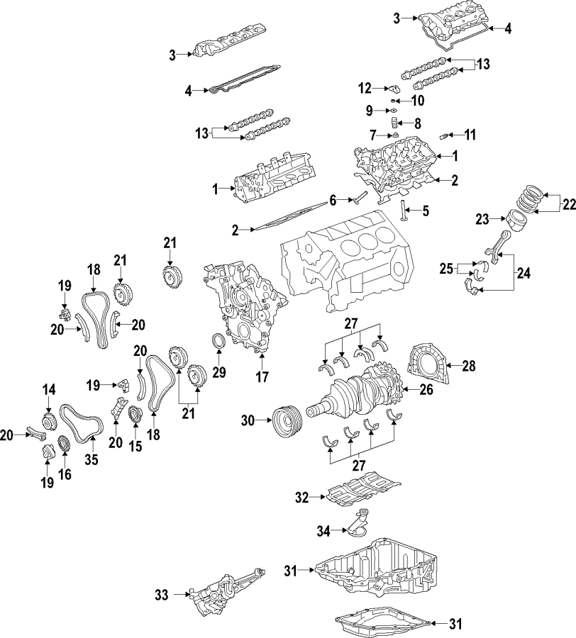 Diagram CAMSHAFT & TIMING. CRANKSHAFT & BEARINGS. CYLINDER HEAD & VALVES. LUBRICATION. MOUNTS. PISTONS. RINGS & BEARINGS. for your 2013 Chevrolet Caprice   