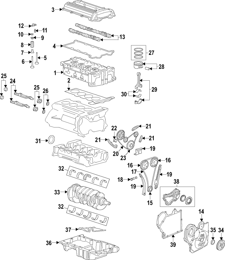 CAMSHAFT & TIMING. CRANKSHAFT & BEARINGS. CYLINDER HEAD & VALVES. LUBRICATION. MOUNTS. PISTONS. RINGS & BEARINGS. Diagram