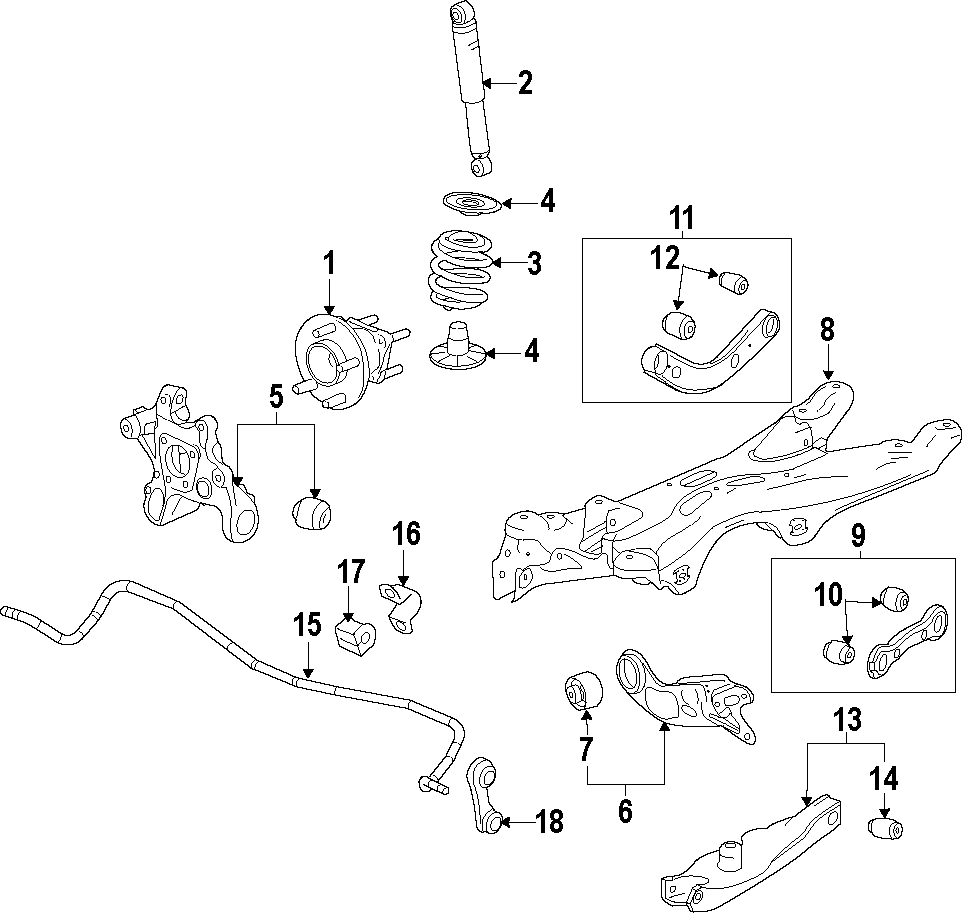 REAR SUSPENSION. LOWER CONTROL ARM. STABILIZER BAR. SUSPENSION COMPONENTS. UPPER CONTROL ARM. Diagram