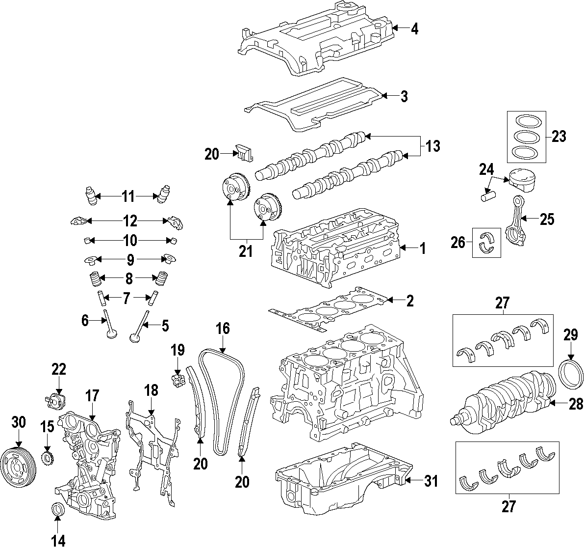 Diagram CAMSHAFT & TIMING. CRANKSHAFT & BEARINGS. CYLINDER HEAD & VALVES. LUBRICATION. MOUNTS. PISTONS. RINGS & BEARINGS. for your 1985 Buick Century   