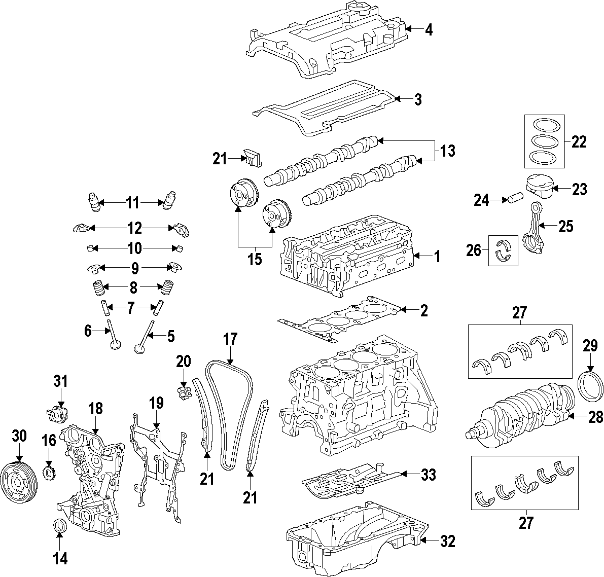 Diagram CAMSHAFT & TIMING. CRANKSHAFT & BEARINGS. CYLINDER HEAD & VALVES. LUBRICATION. MOUNTS. PISTONS. RINGS & BEARINGS. for your 2021 Chevrolet Camaro LT Coupe 2.0L Ecotec A/T 