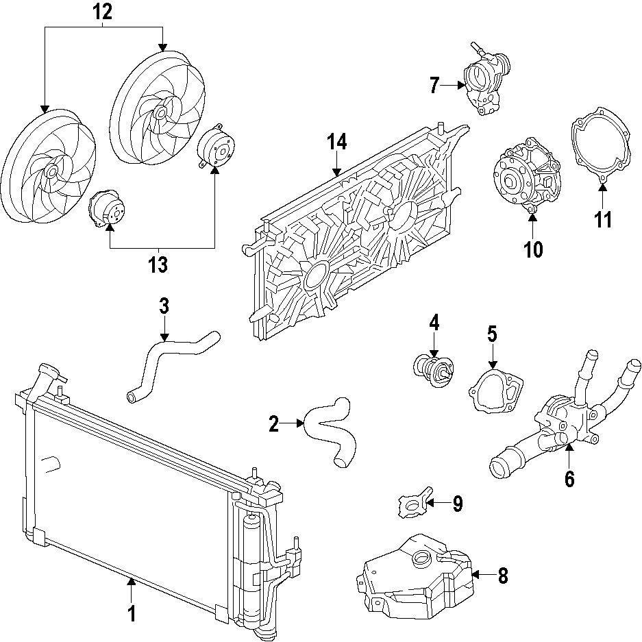 Diagram COOLING SYSTEM. COOLING FAN. RADIATOR. WATER PUMP. for your 2014 Buick Enclave    