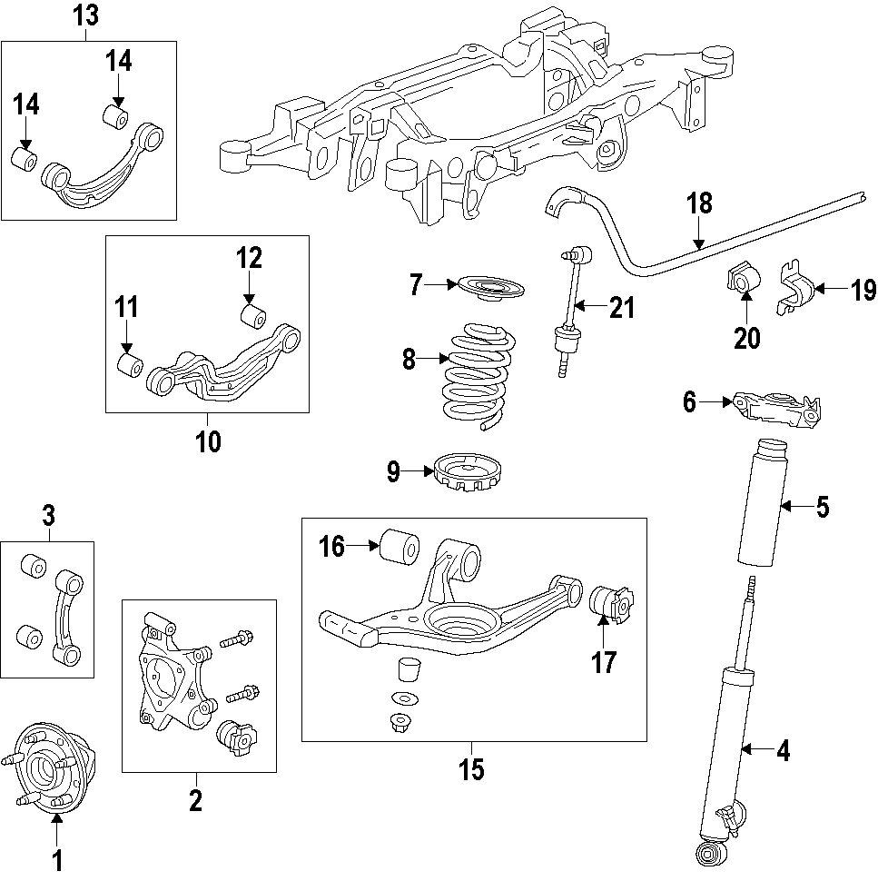Diagram REAR SUSPENSION. LOWER CONTROL ARM. STABILIZER BAR. SUSPENSION COMPONENTS. UPPER CONTROL ARM. for your 2019 GMC Sierra 2500 HD  Denali Crew Cab Pickup Fleetside 