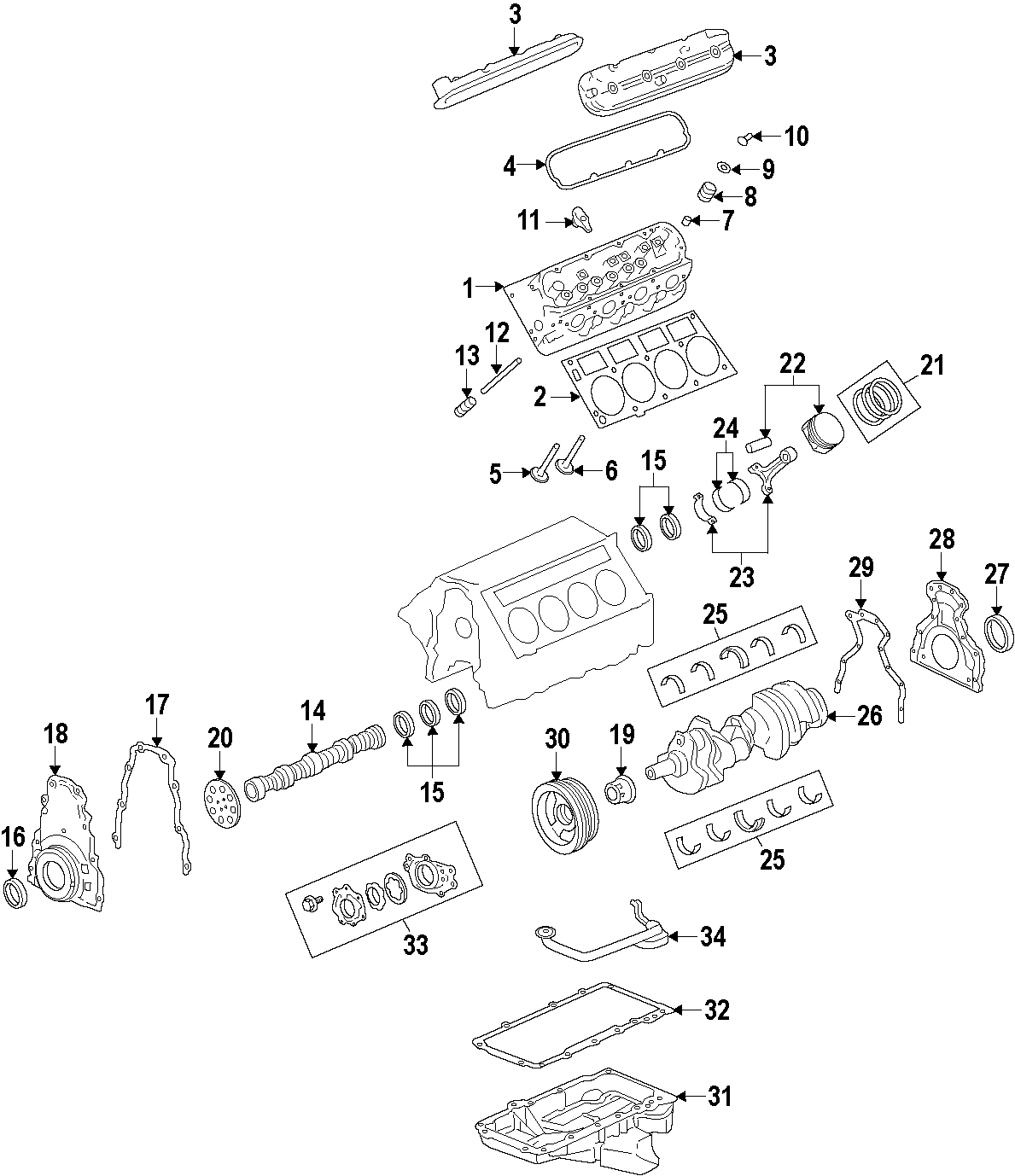 Diagram CAMSHAFT & TIMING. CRANKSHAFT & BEARINGS. CYLINDER HEAD & VALVES. LUBRICATION. MOUNTS. OIL COOLER. PISTONS. RINGS & BEARINGS. for your 2002 Chevrolet Camaro   