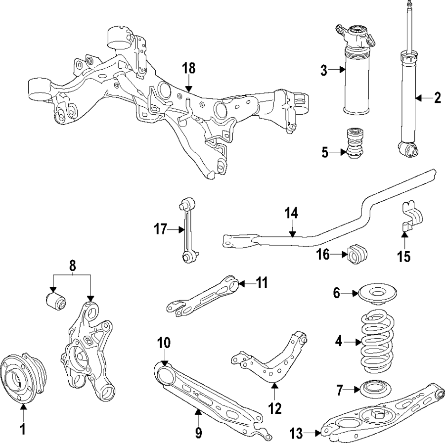 Diagram REAR SUSPENSION. LOWER CONTROL ARM. STABILIZER BAR. SUSPENSION COMPONENTS. UPPER CONTROL ARM. for your 2018 GMC Sierra 2500 HD 6.6L Duramax V8 DIESEL A/T RWD Base Extended Cab Pickup Fleetside 