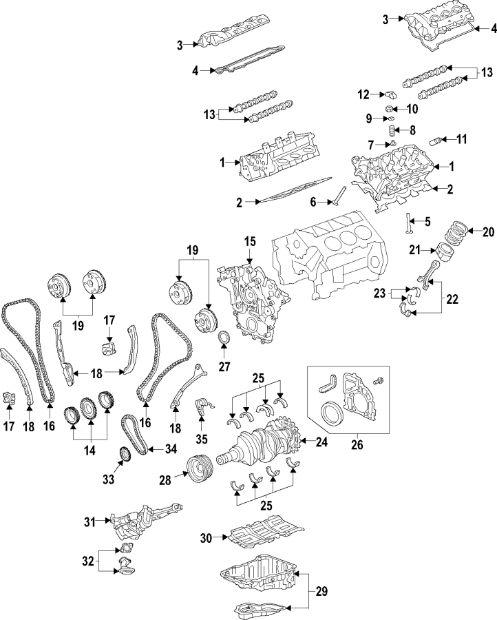 Diagram CAMSHAFT & TIMING. CRANKSHAFT & BEARINGS. CYLINDER HEAD & VALVES. LUBRICATION. MOUNTS. PISTONS. RINGS & BEARINGS. for your 2005 Cadillac Escalade EXT   