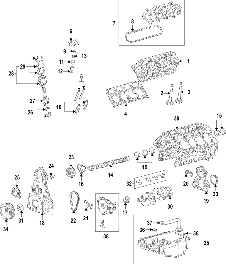 Camshaft & timing. Crankshaft & bearings. Cylinder head & valves. Lubrication. Mounts. Pistons. Rings & bearings. Diagram