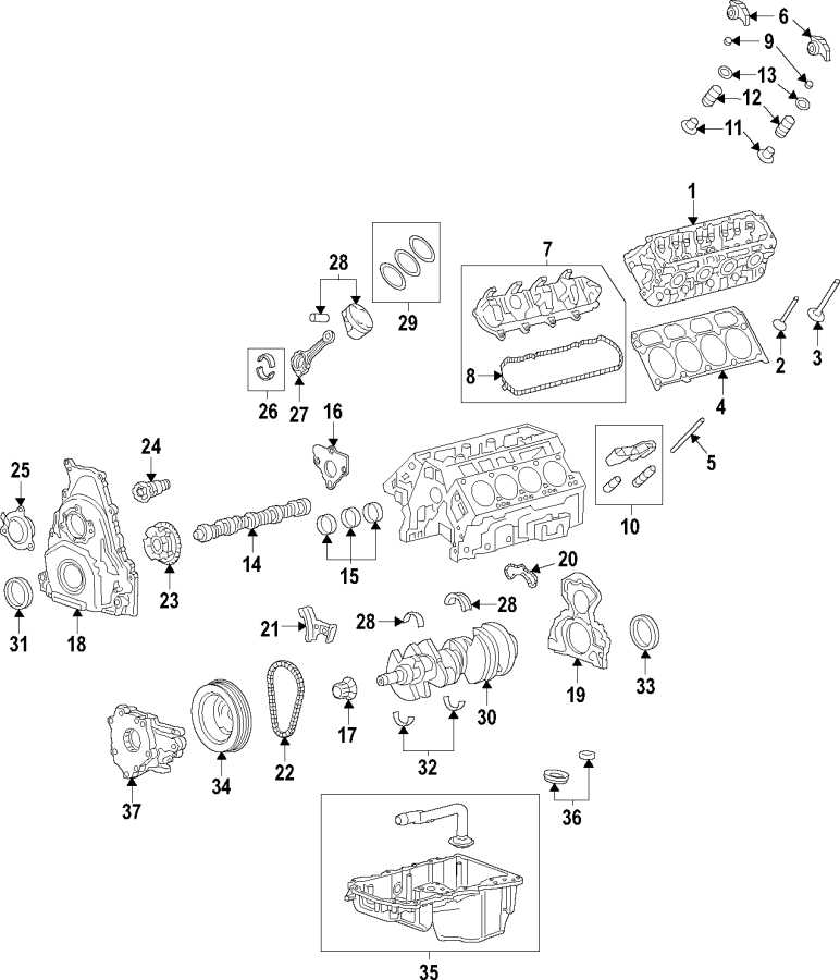 Diagram Camshaft & timing. Crankshaft & bearings. Cylinder head & valves. Lubrication. Mounts. Pistons. Rings & bearings. for your 2005 Chevrolet Equinox   