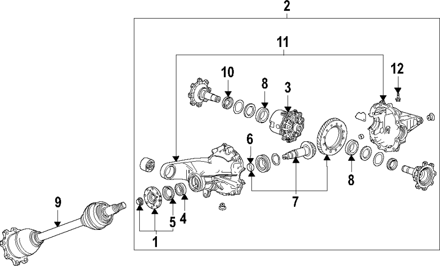 Diagram Rear axle. Axle shafts & joints. Differential. Drive axles. Propeller shaft. for your 2021 GMC Yukon XL   