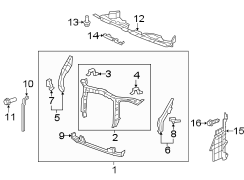 Radiator support. Splash shields. Wiper & washer components.