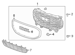 Front bumper & grille. Grille & components.