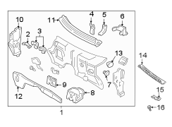 Air duct. Brake pedal. Center. Dash & cowl. End. Front lower. Instrument panel. Upper plenum panel.